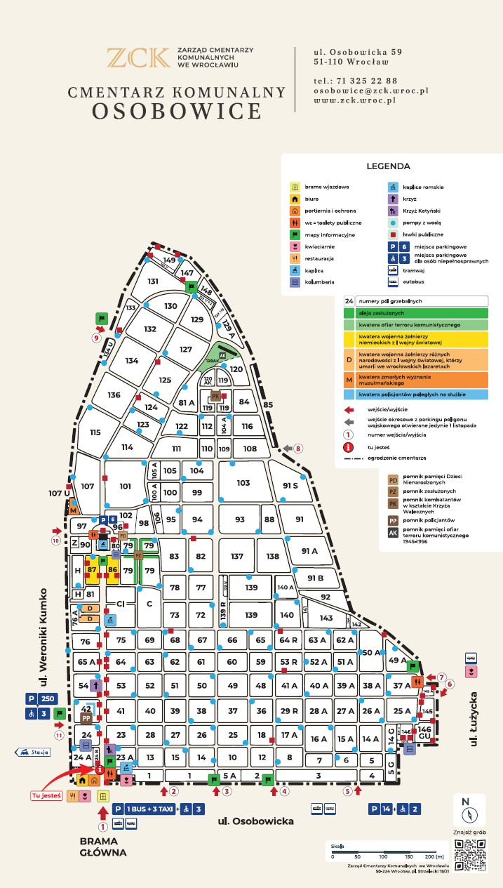 Mapa Cmentarza Osobowickiego we Wrocławiu - plan kwater, bram wejściowych i parkingów