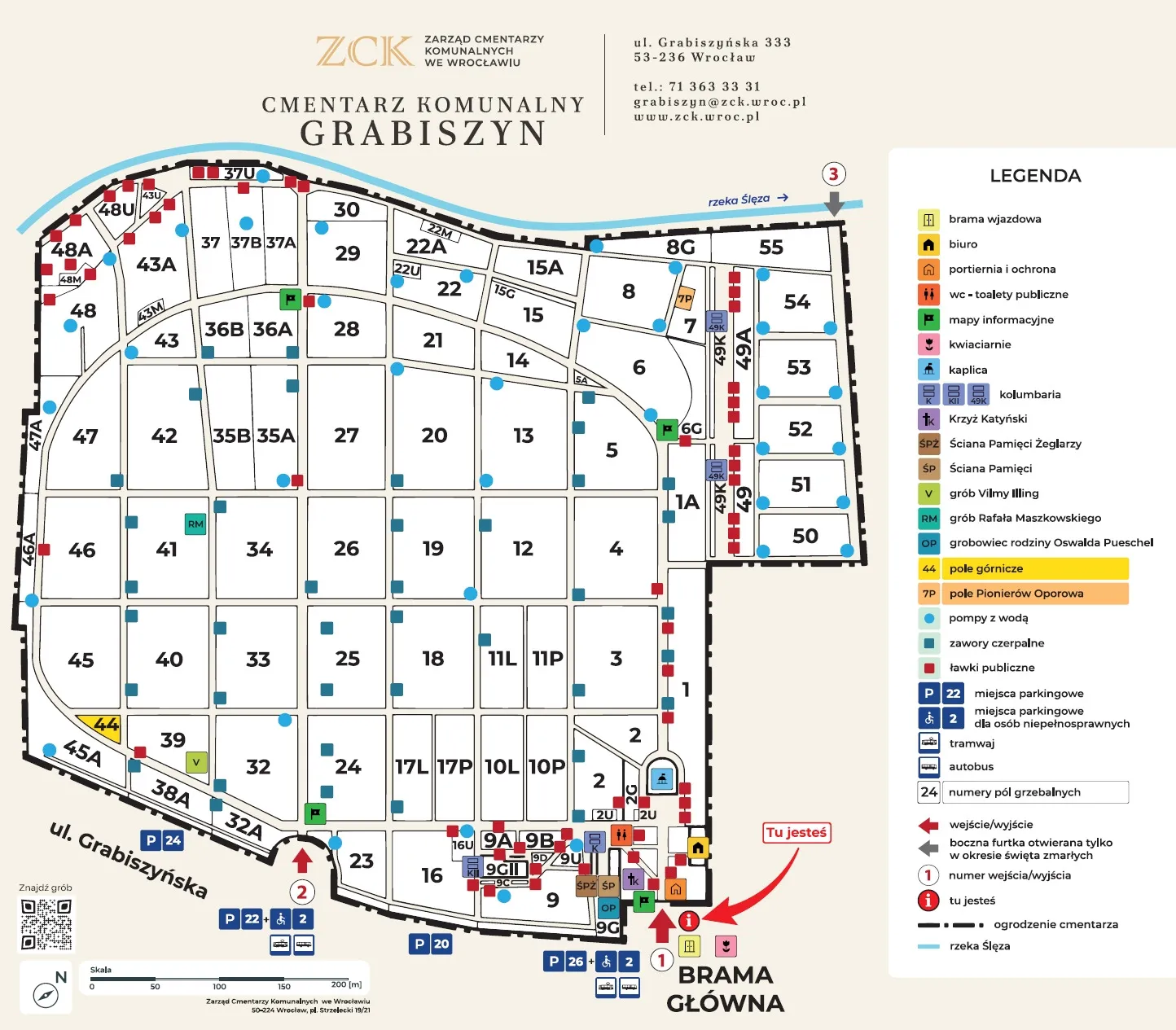 Szczegółowy plan Cmentarza Grabiszyńskiego we Wrocławiu z numeracją kwater i zaznaczonymi wejściami